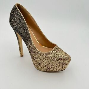 JUSTFAB Giuseppah Glitter Platform Pump GOLD Size 7.5 Sexy!